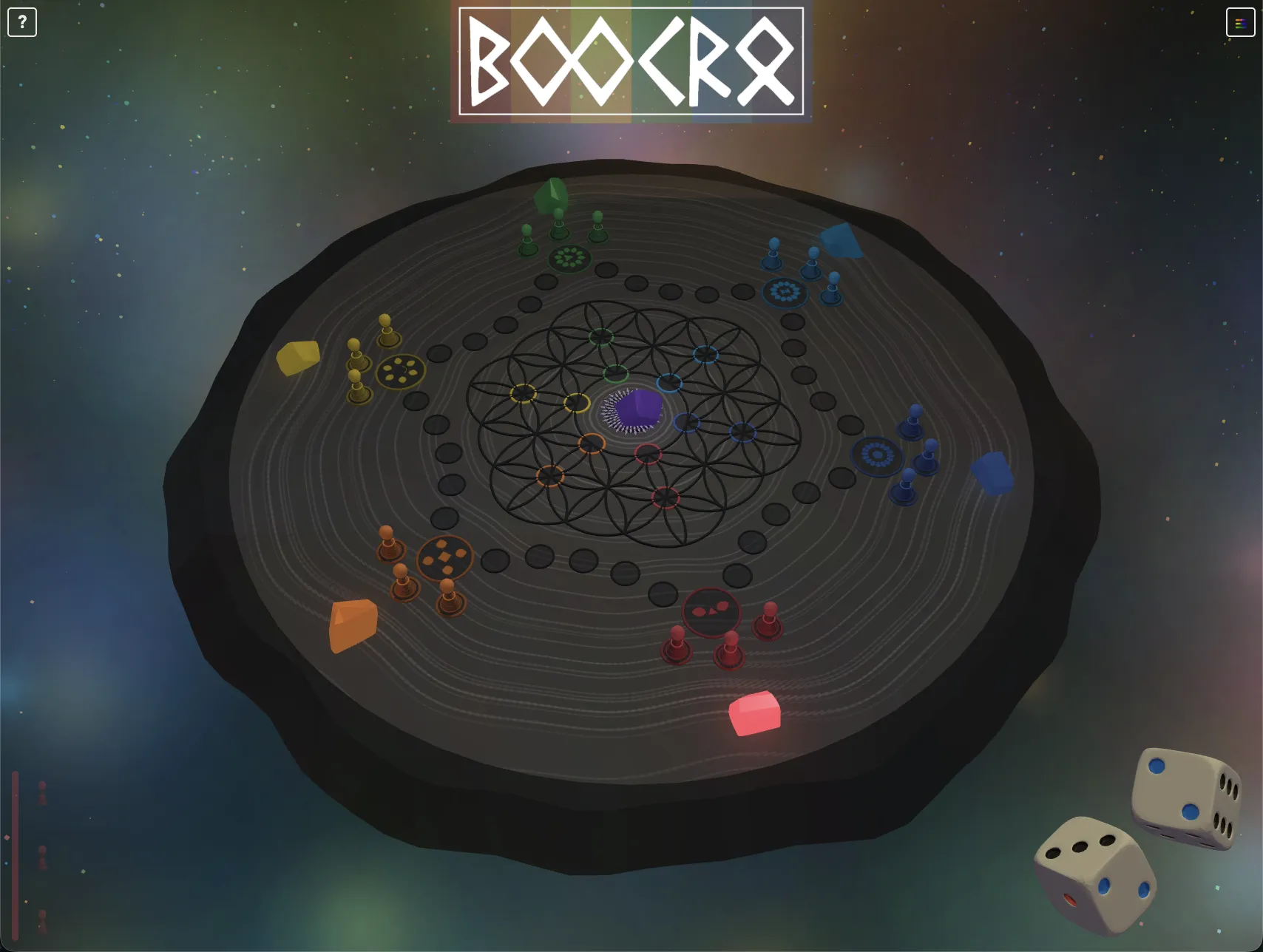 BOOKRA spiritual board game screenshot showing 3D game board