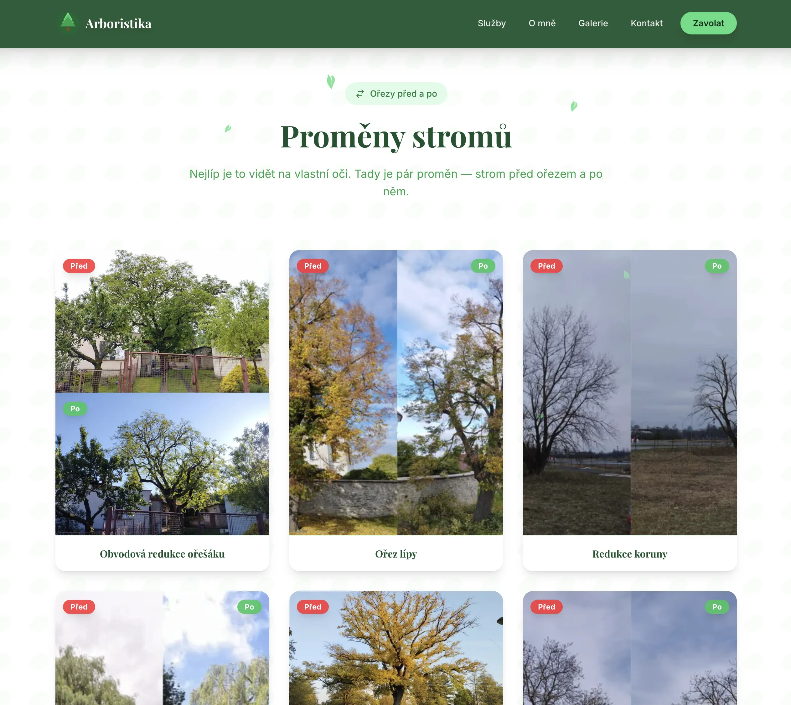 VK Arborista website screenshot showing before/after tree care gallery